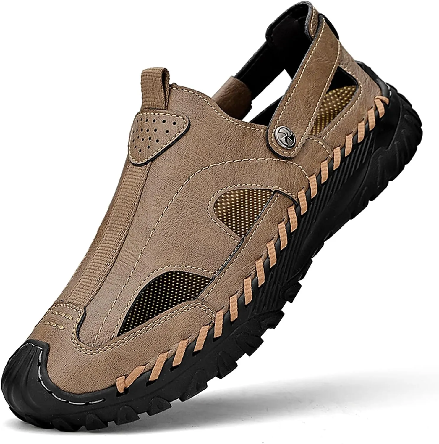 Men's Genuine Leather Handmade Hollow Flat Sports Sandals Lightweight Closed Round Toe Non-Slip Slip-On Summer Casual Breathable Beach Fisherman Shoes