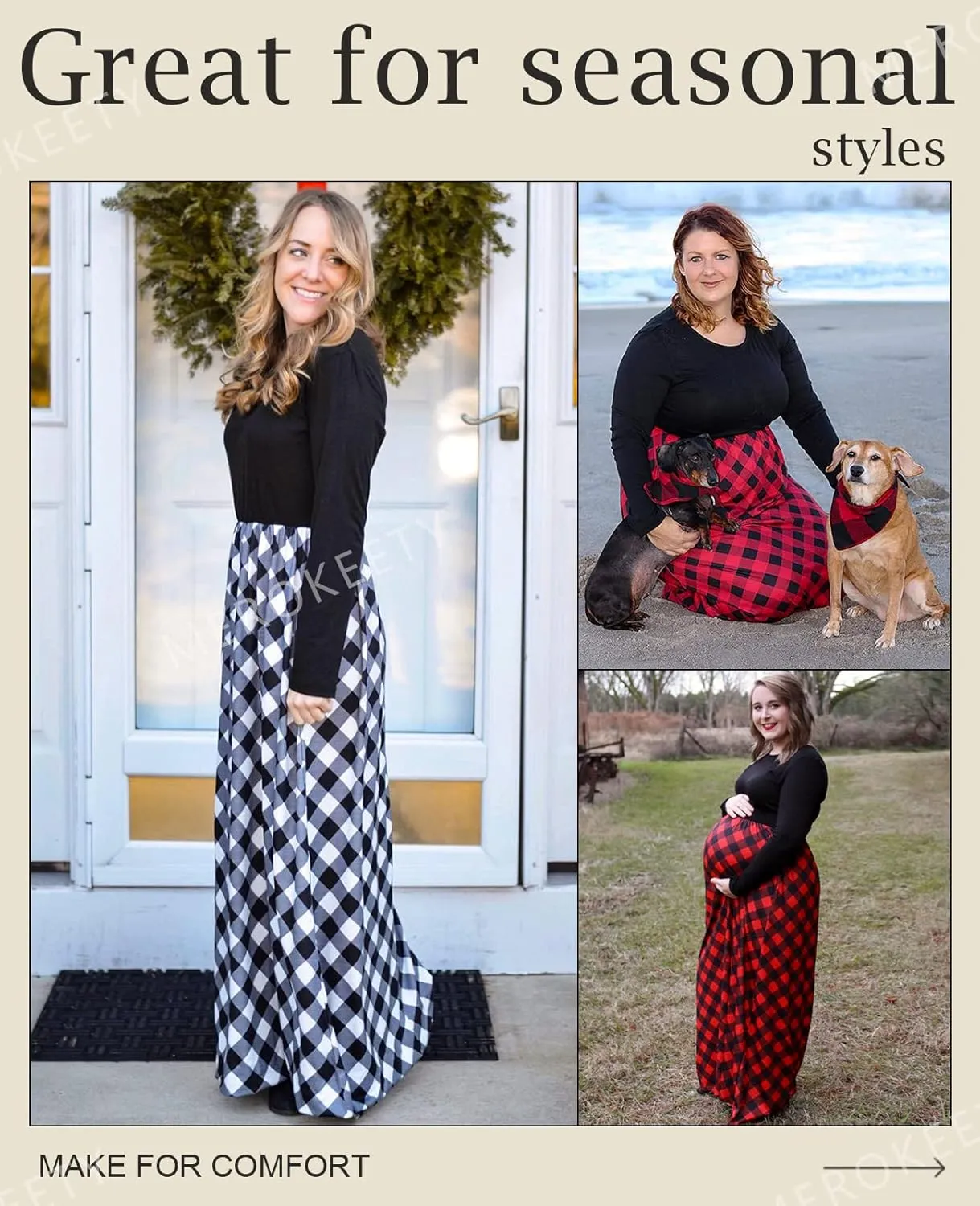 MEROKEETY Women's Long Sleeve Plaid Empire Waist Full Length Maxi Dress with Pockets