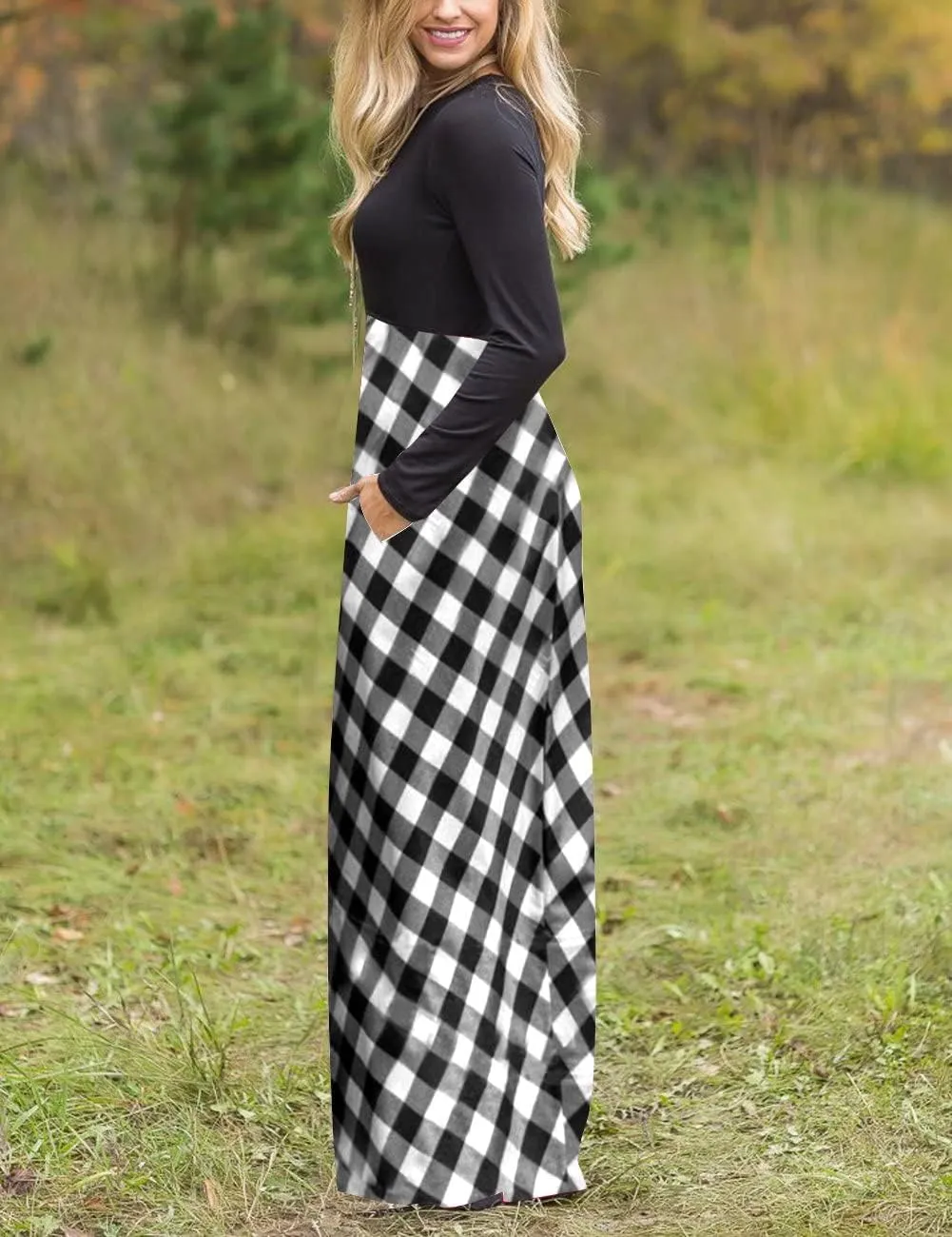 MEROKEETY Women's Long Sleeve Plaid Empire Waist Full Length Maxi Dress with Pockets