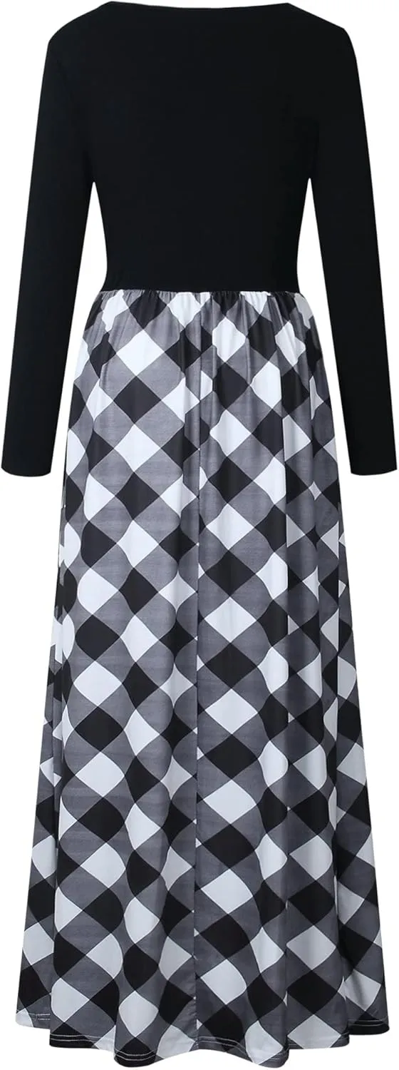 MEROKEETY Women's Long Sleeve Plaid Empire Waist Full Length Maxi Dress with Pockets