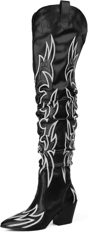 MUCCCUTE Cowboy Boots for Women Black Thigh High Boots - Fashion Cowgirl Over The Knee Boots with Rhinestone - Pointed Toe Chunky Heels Side Zipper Fall Tall Boots for Ladies