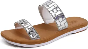 ONCAI Rhinestones Slide Sandals for Women with Glittery Trendy Square Open Toe Summer Flat Sparkly Dressy Sandals with Slip-on Rubber Soles
