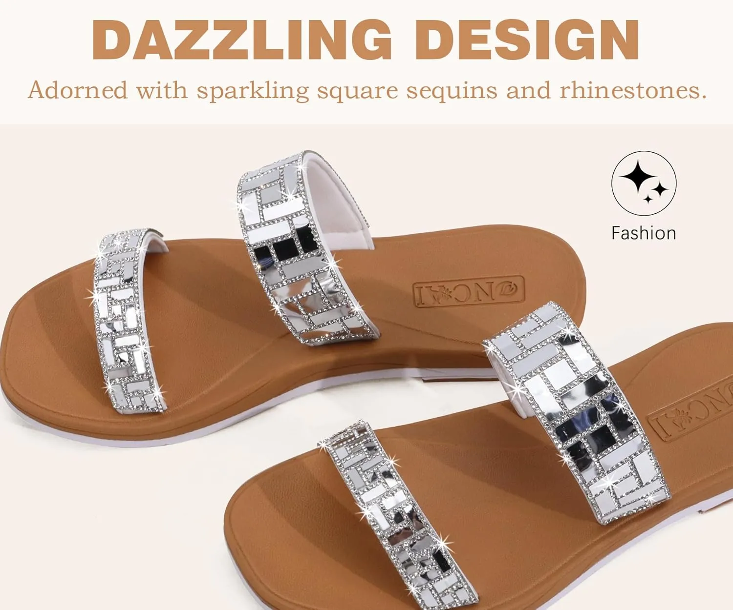 ONCAI Rhinestones Slide Sandals for Women with Glittery Trendy Square Open Toe Summer Flat Sparkly Dressy Sandals with Slip-on Rubber Soles
