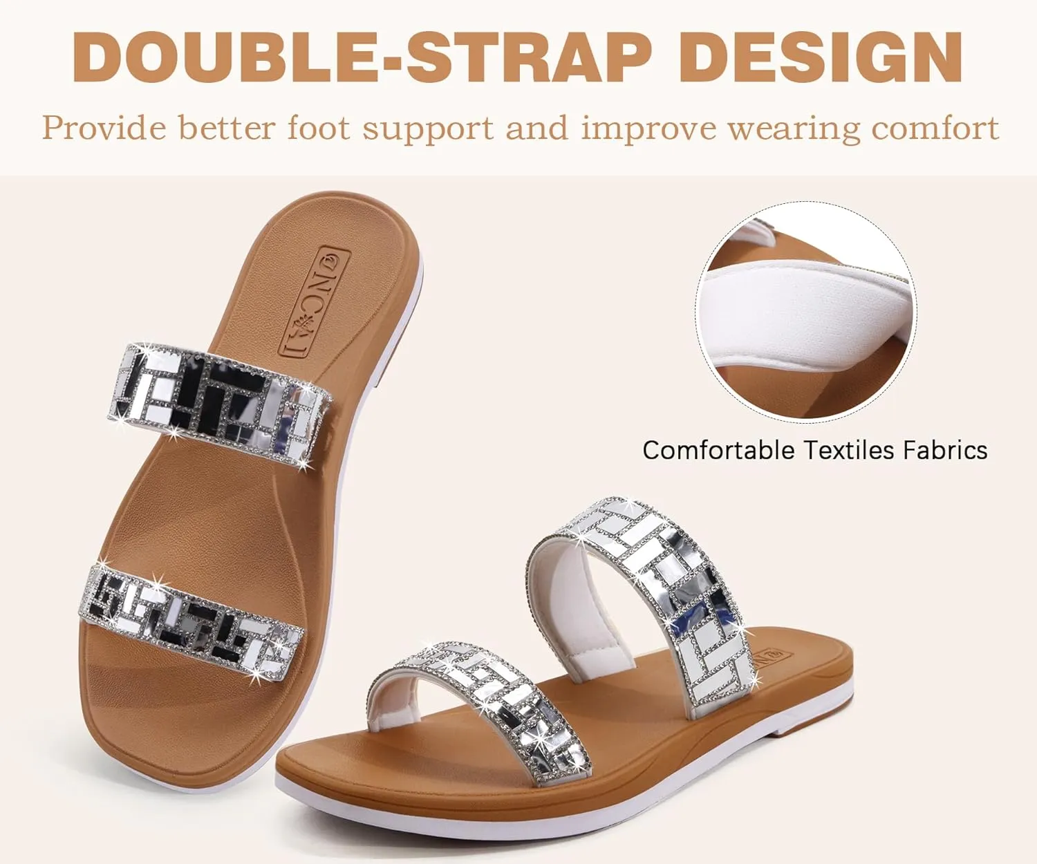 ONCAI Rhinestones Slide Sandals for Women with Glittery Trendy Square Open Toe Summer Flat Sparkly Dressy Sandals with Slip-on Rubber Soles