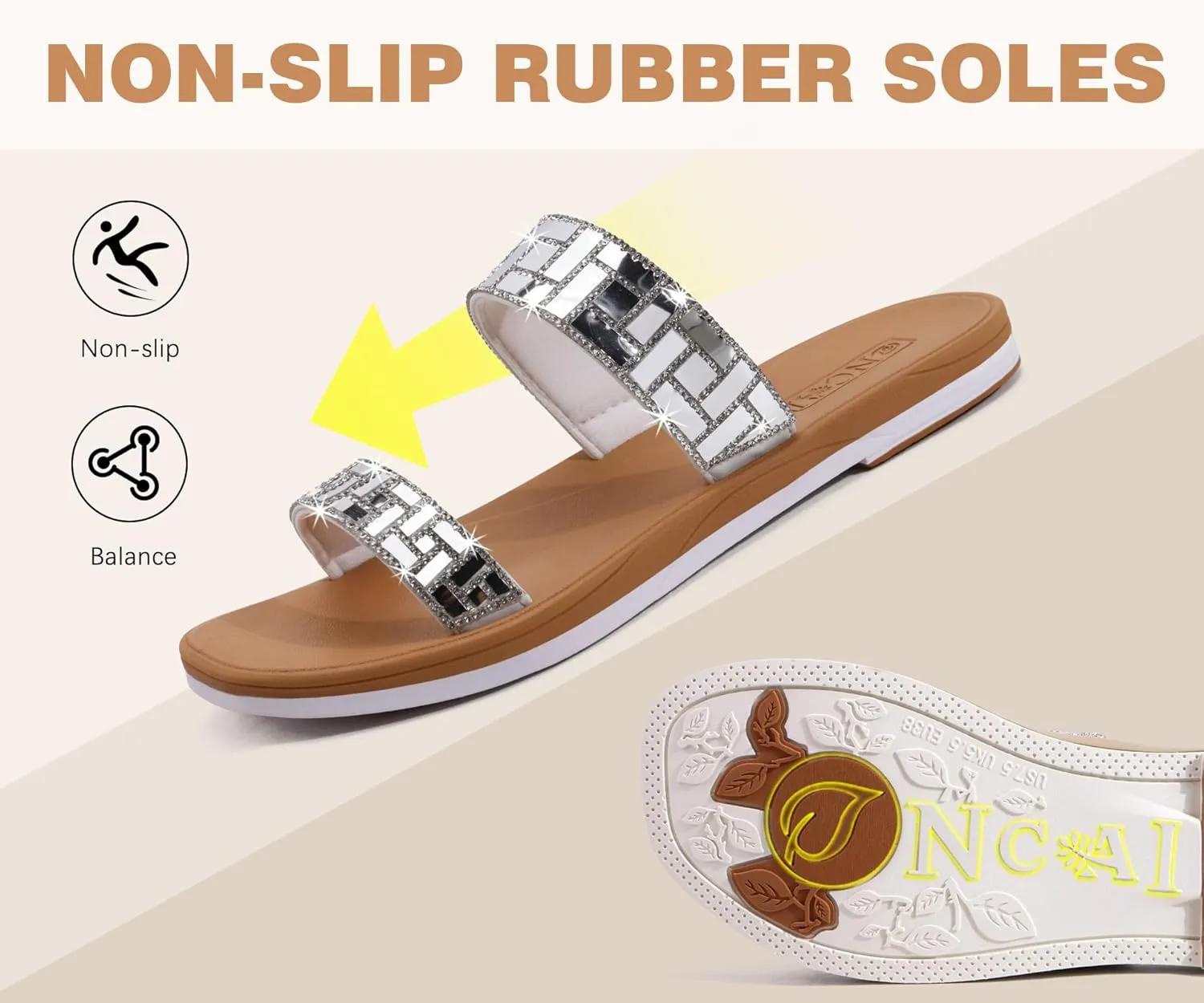 ONCAI Rhinestones Slide Sandals for Women with Glittery Trendy Square Open Toe Summer Flat Sparkly Dressy Sandals with Slip-on Rubber Soles