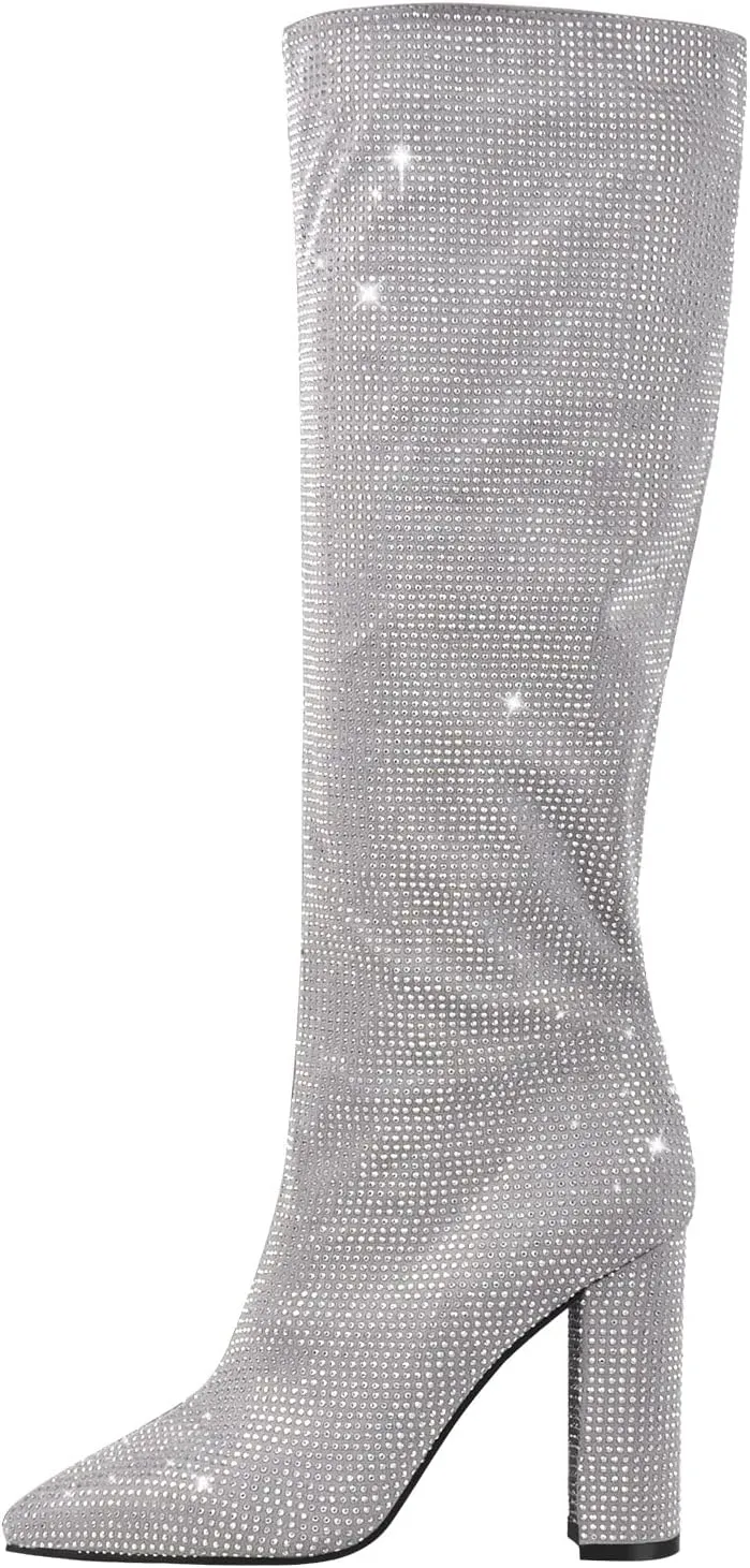 onlymaker Pointed Toe Sequin Boots for Women Glitter Rhinestone Knee High Boots Sparkly Glitter Booties Silver Grey Size 7