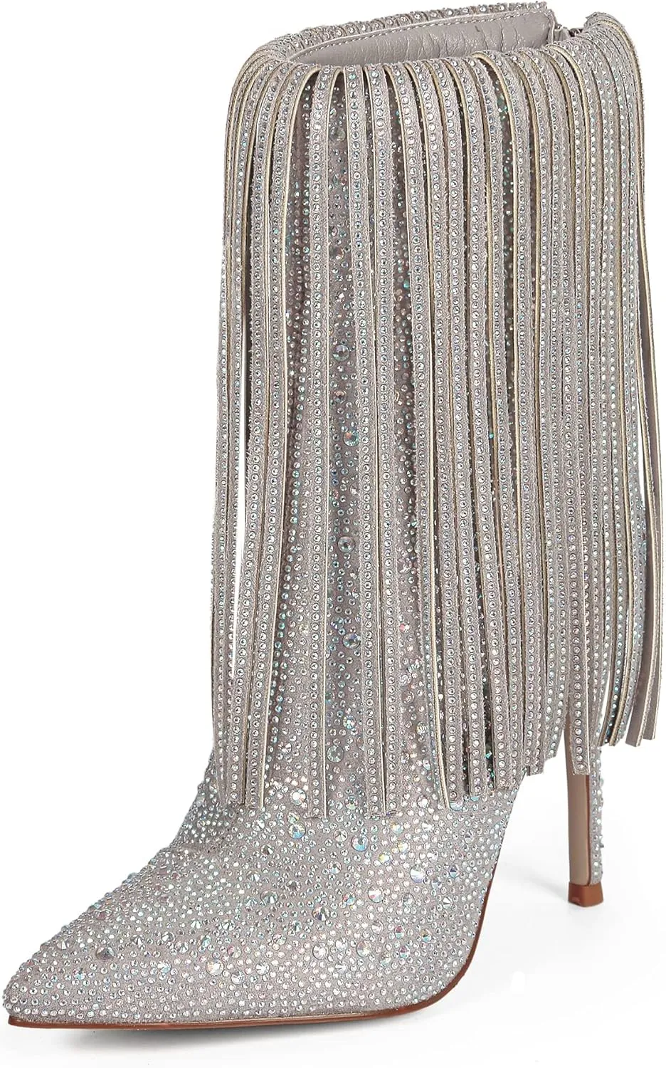 Ouepiano Women's Rhinestone Booties Stiletto Heel Boots Bling Pointed Toe Side Zipper Sparkly Rhinestone Knee High Boots for Party, Wedding, Proms