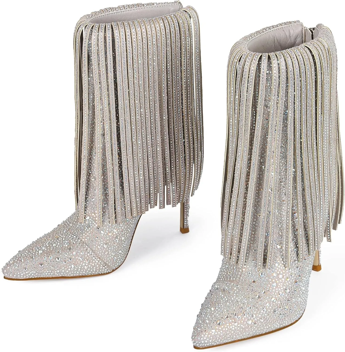 Ouepiano Women's Rhinestone Booties Stiletto Heel Boots Bling Pointed Toe Side Zipper Sparkly Rhinestone Knee High Boots for Party, Wedding, Proms