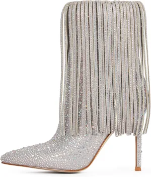 Ouepiano Women's Rhinestone Booties Stiletto Heel Boots Bling Pointed Toe Side Zipper Sparkly Rhinestone Knee High Boots for Party, Wedding, Proms