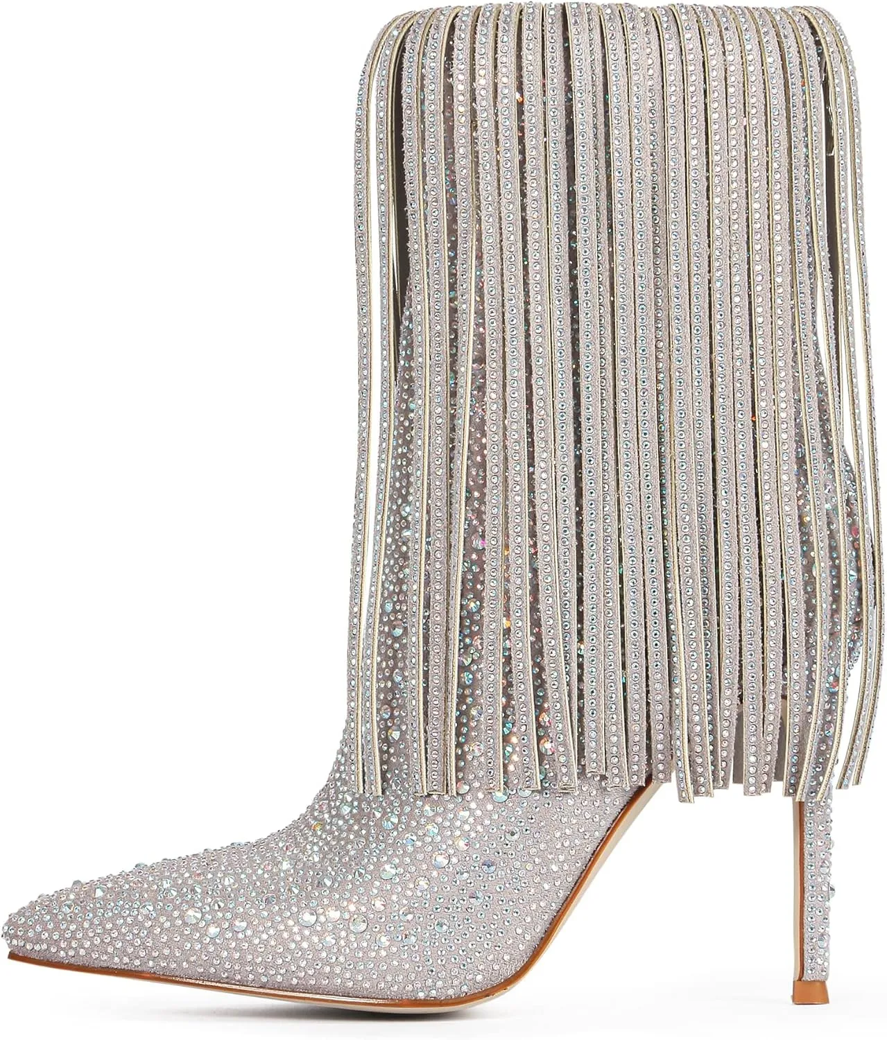 Ouepiano Women's Rhinestone Booties Stiletto Heel Boots Bling Pointed Toe Side Zipper Sparkly Rhinestone Knee High Boots for Party, Wedding, Proms