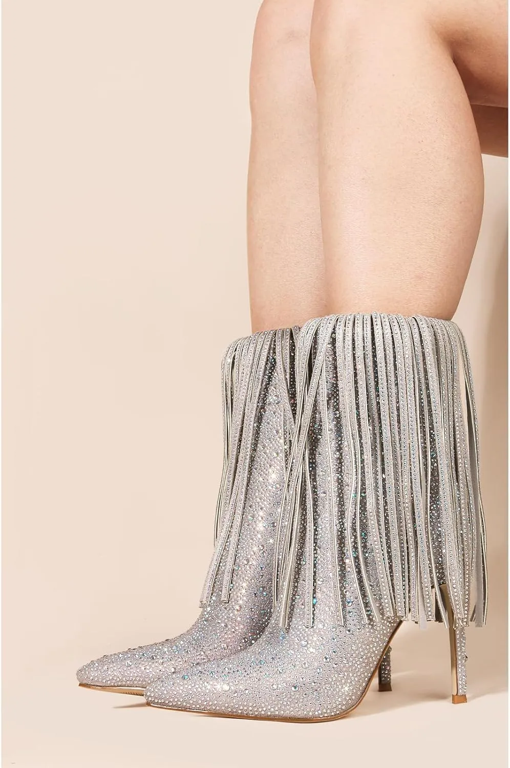 Ouepiano Women's Rhinestone Booties Stiletto Heel Boots Bling Pointed Toe Side Zipper Sparkly Rhinestone Knee High Boots for Party, Wedding, Proms