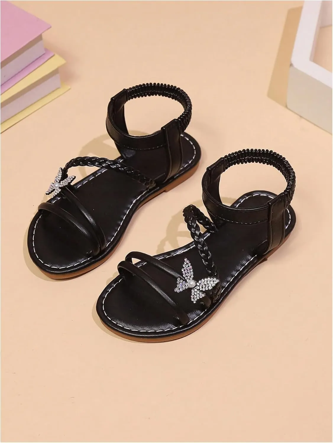 OYOANGLE Girl's Butterfly Decor Strappy Flat Sandals Open Toe Ankle Strap Leather Sandal