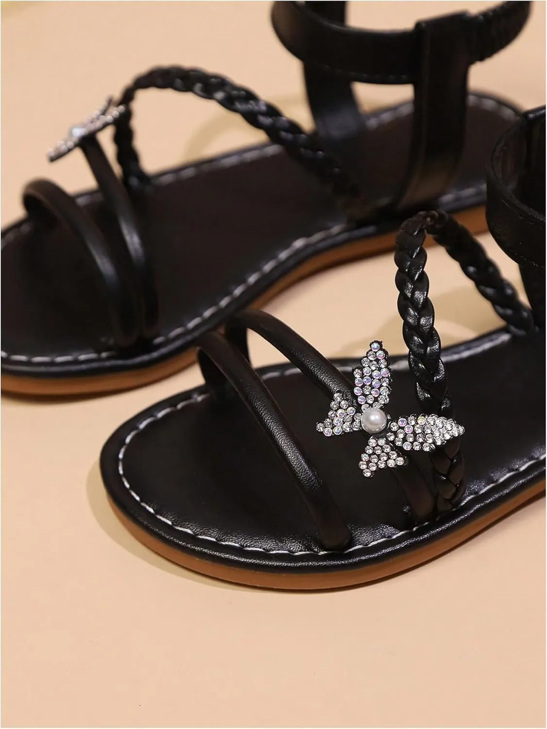 OYOANGLE Girl's Butterfly Decor Strappy Flat Sandals Open Toe Ankle Strap Leather Sandal