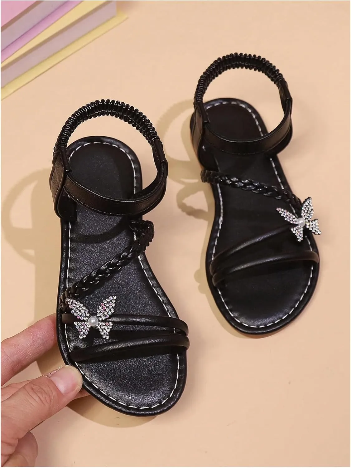 OYOANGLE Girl's Butterfly Decor Strappy Flat Sandals Open Toe Ankle Strap Leather Sandal