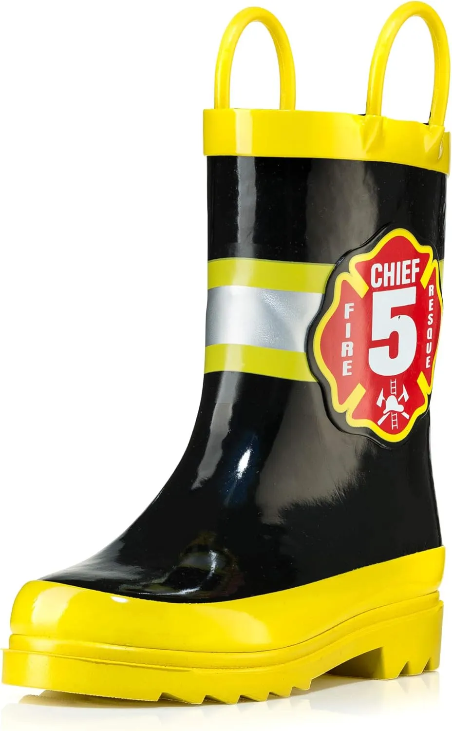 Puddle Play Rubber Rainboots 100% Waterproof - Easy-on Handles Yellow Fire Chief Size 6 Toddler