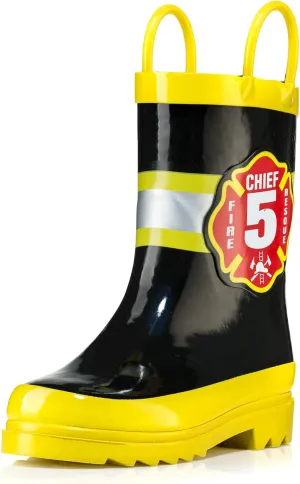 Puddle Play Rubber Rainboots 100% Waterproof - Easy-on Handles Yellow Fire Chief Size 6 Toddler