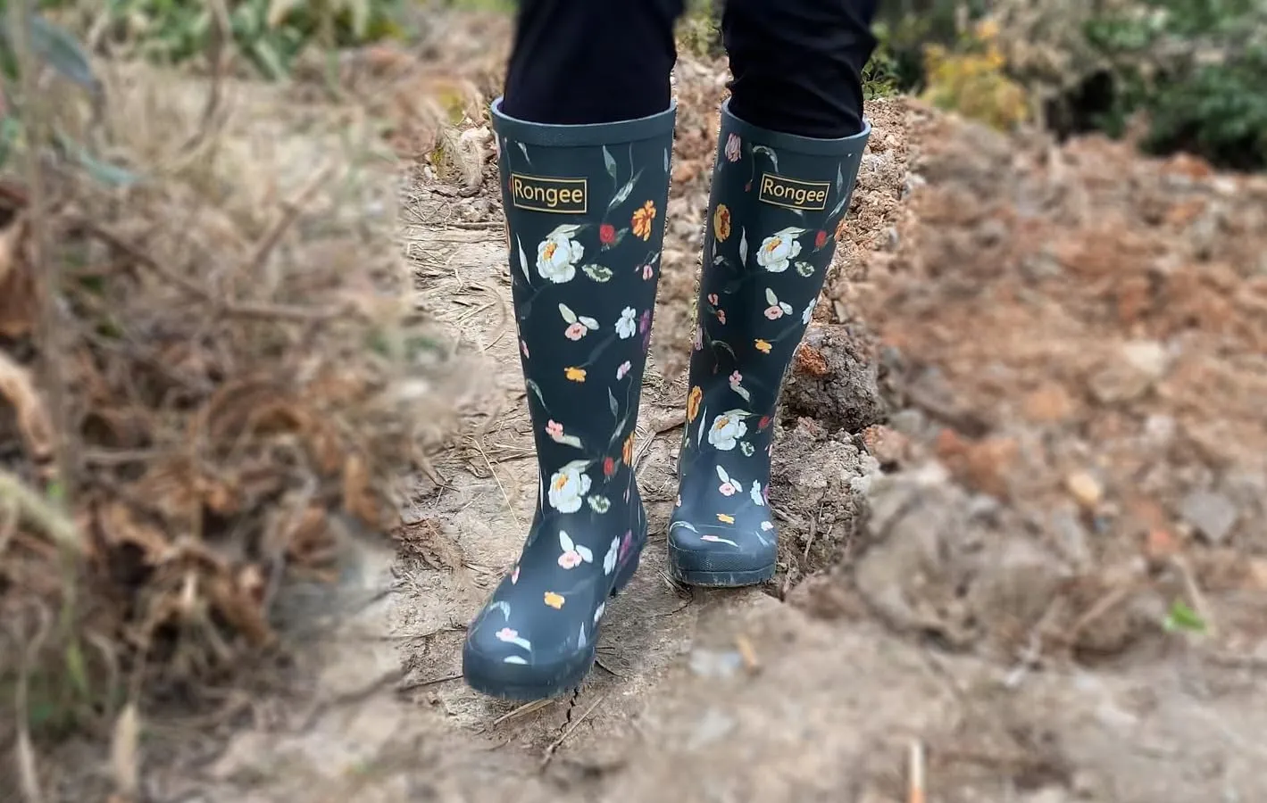 Rongee Rain Boots for Women Waterproof Garden Outdoor Mud Boots Printed with Adjustable Buckle