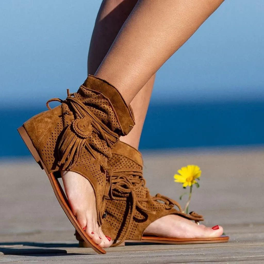 Sandals Women Tassel Ankle Boots, Retro Bohemian Sandals Beach Travel Shoes Clip Toe Flip Flops High Top Flat Casual Dressy Sandals