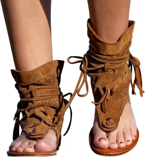 Sandals Women Tassel Ankle Boots, Retro Bohemian Sandals Beach Travel Shoes Clip Toe Flip Flops High Top Flat Casual Dressy Sandals