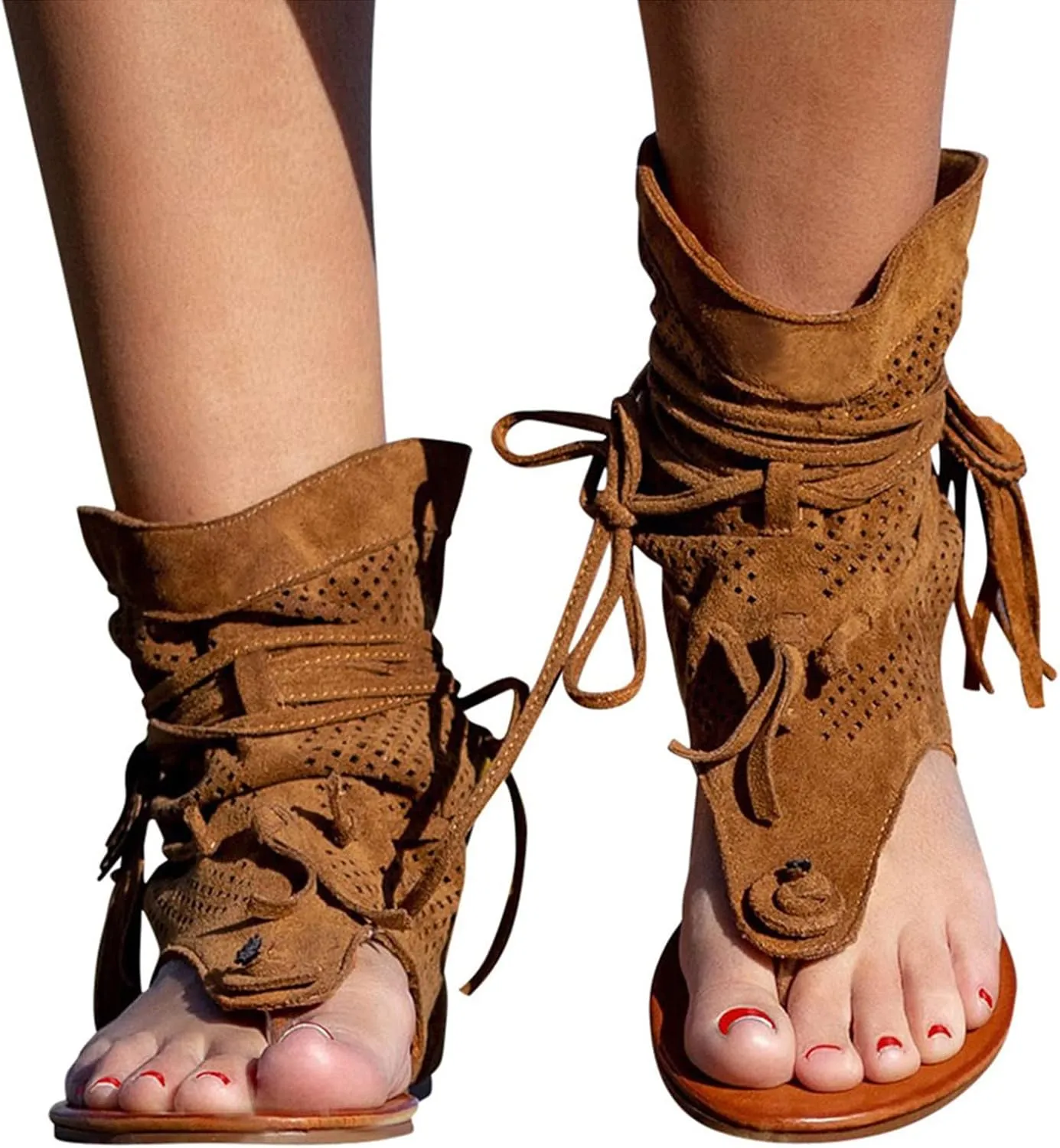 Sandals Women Tassel Ankle Boots, Retro Bohemian Sandals Beach Travel Shoes Clip Toe Flip Flops High Top Flat Casual Dressy Sandals