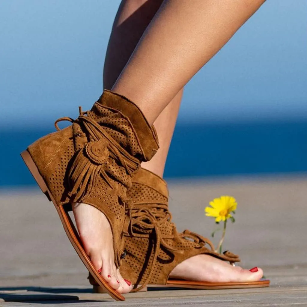 Sandals Women Tassel Ankle Boots, Retro Bohemian Sandals Beach Travel Shoes Clip Toe Flip Flops High Top Flat Casual Dressy Sandals