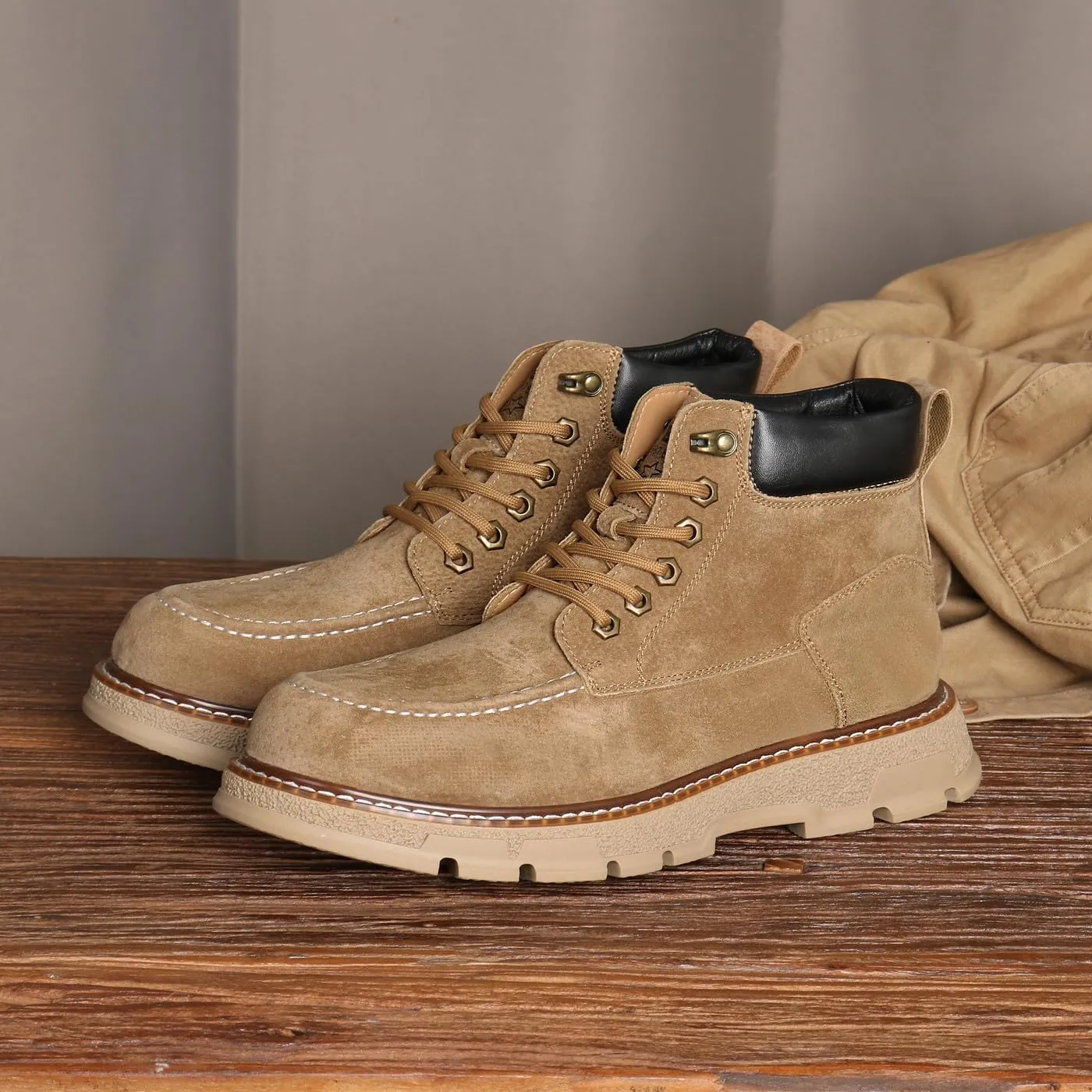Santimon Men's Suede Moc Toe Ankle Hiking Boots, Lace Up, Anti-Slip Rubber Sole, Casual Sports Boots for Men