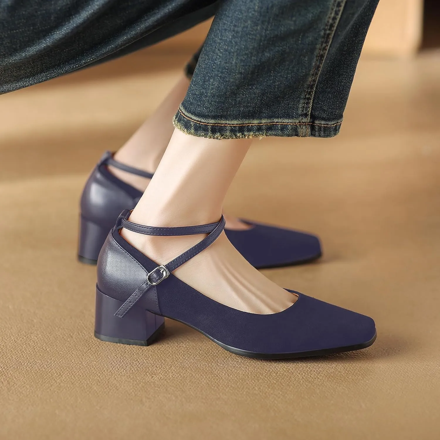 sarawill Women's Chunky Heel Pumps Closed Square Toe Cross Ankle Strap Low Block Heels Fashion Patchwork Buckle Party Wedding Prom Dress Mid Heel Shoes for Ladies