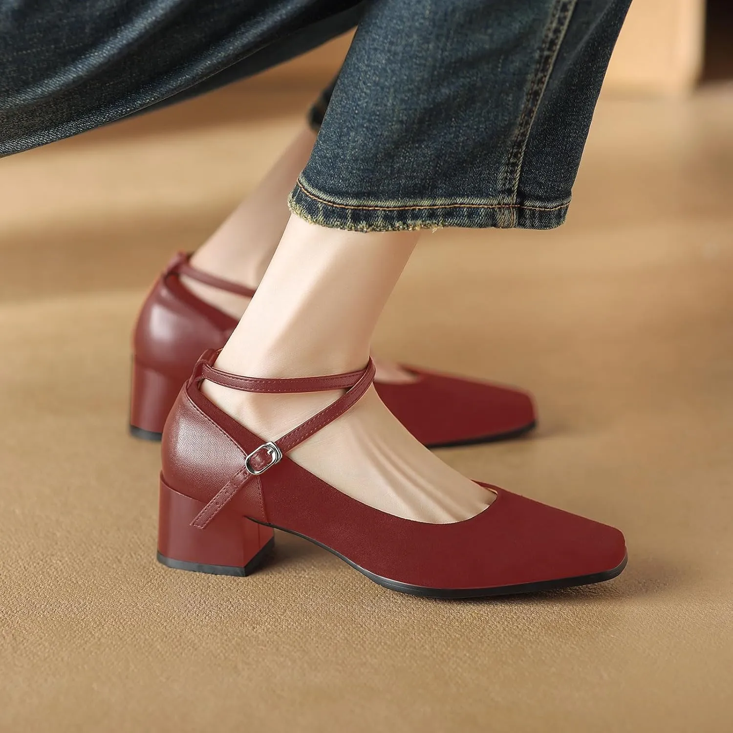 sarawill Women's Chunky Heel Pumps Closed Square Toe Cross Ankle Strap Low Block Heels Fashion Patchwork Buckle Party Wedding Prom Dress Mid Heel Shoes for Ladies