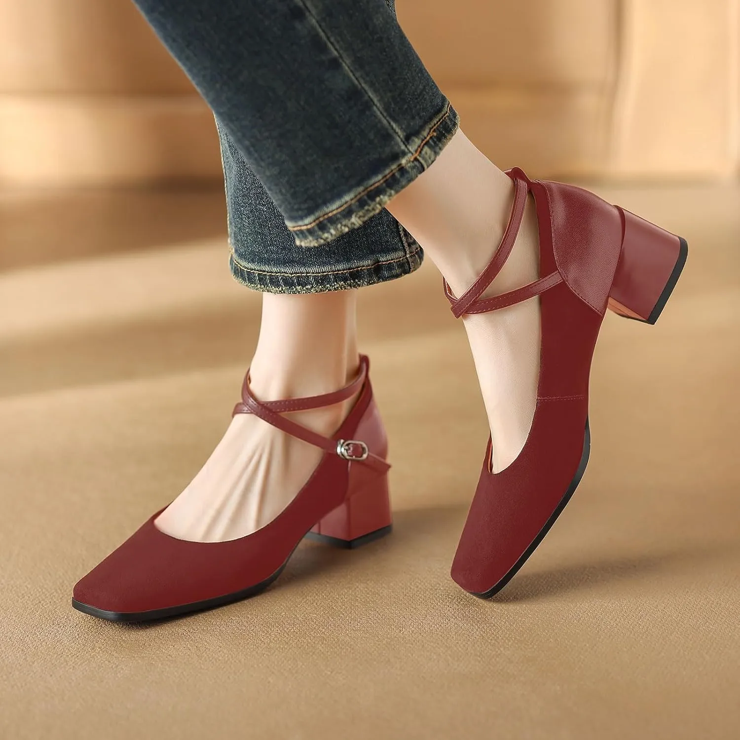 sarawill Women's Chunky Heel Pumps Closed Square Toe Cross Ankle Strap Low Block Heels Fashion Patchwork Buckle Party Wedding Prom Dress Mid Heel Shoes for Ladies