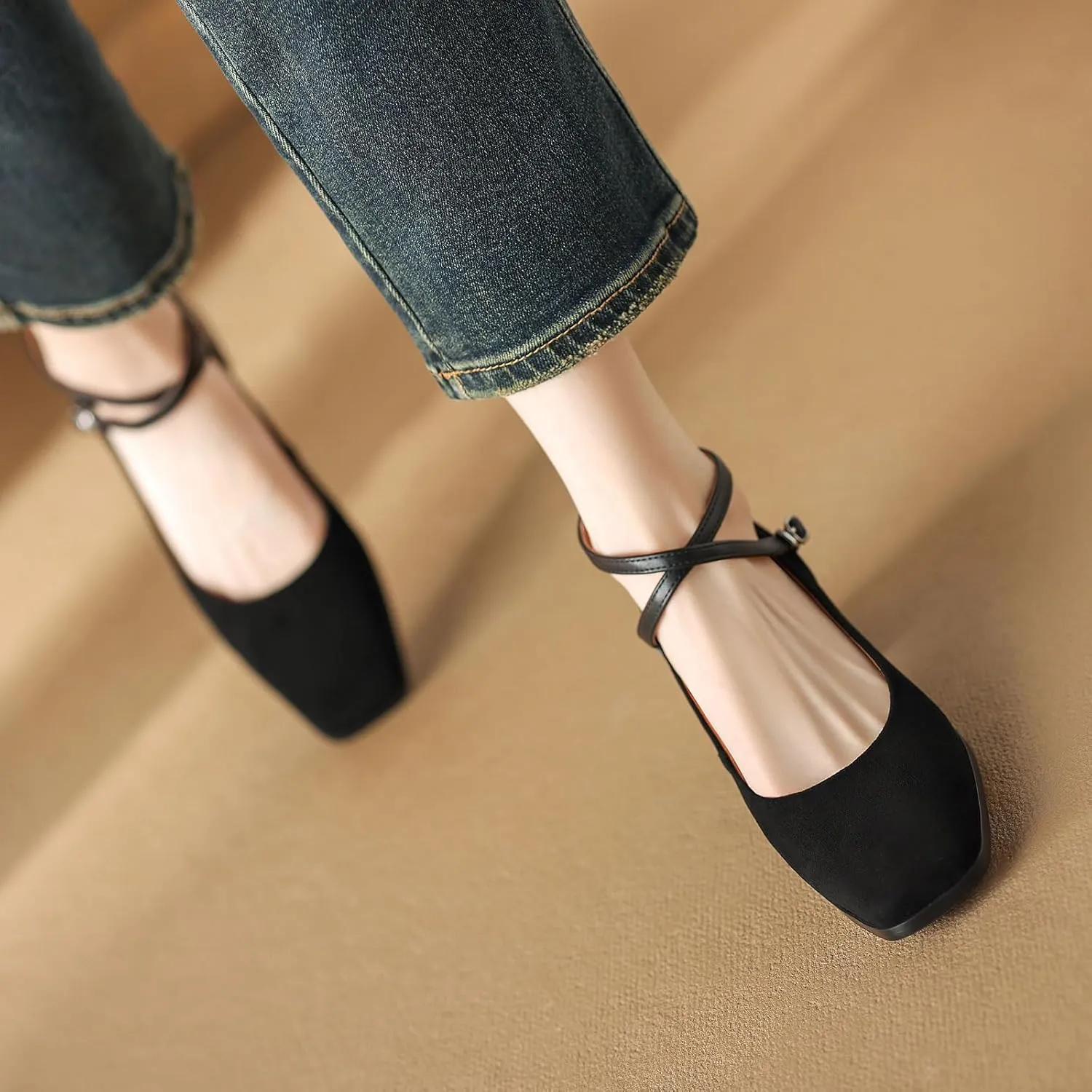 sarawill Women's Chunky Heel Pumps Closed Square Toe Cross Ankle Strap Low Block Heels Fashion Patchwork Buckle Party Wedding Prom Dress Mid Heel Shoes for Ladies