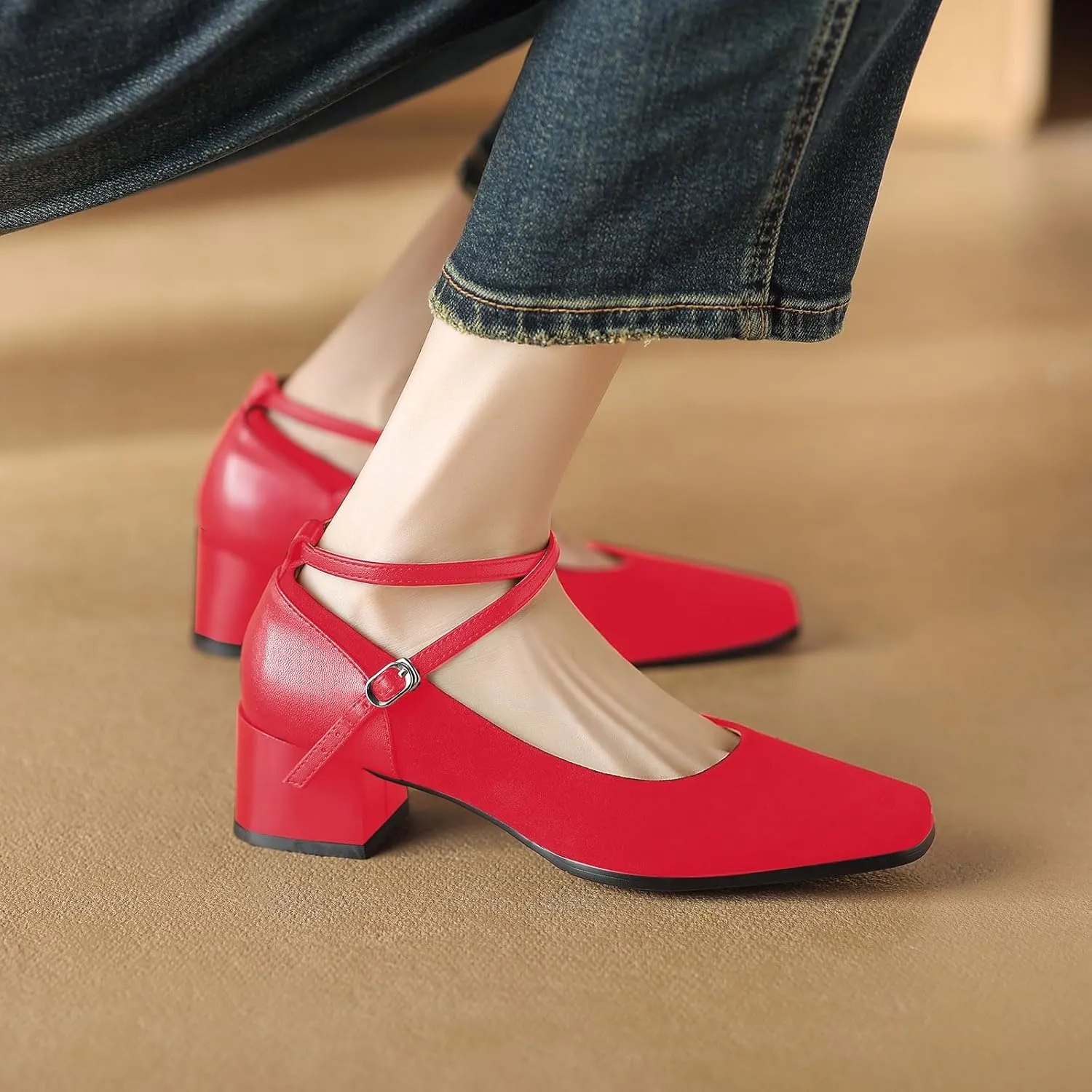 sarawill Women's Chunky Heel Pumps Closed Square Toe Cross Ankle Strap Low Block Heels Fashion Patchwork Buckle Party Wedding Prom Dress Mid Heel Shoes for Ladies
