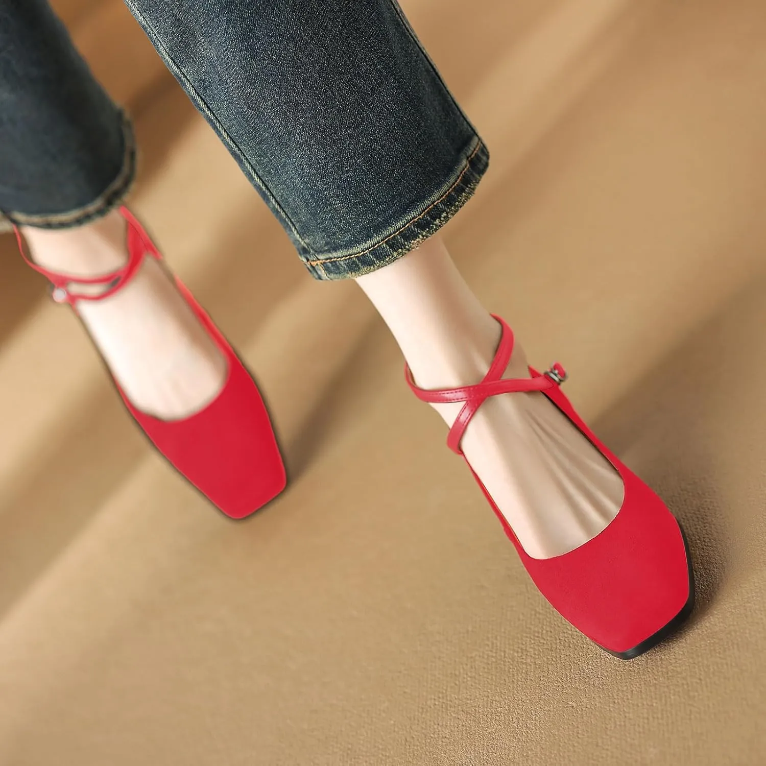 sarawill Women's Chunky Heel Pumps Closed Square Toe Cross Ankle Strap Low Block Heels Fashion Patchwork Buckle Party Wedding Prom Dress Mid Heel Shoes for Ladies