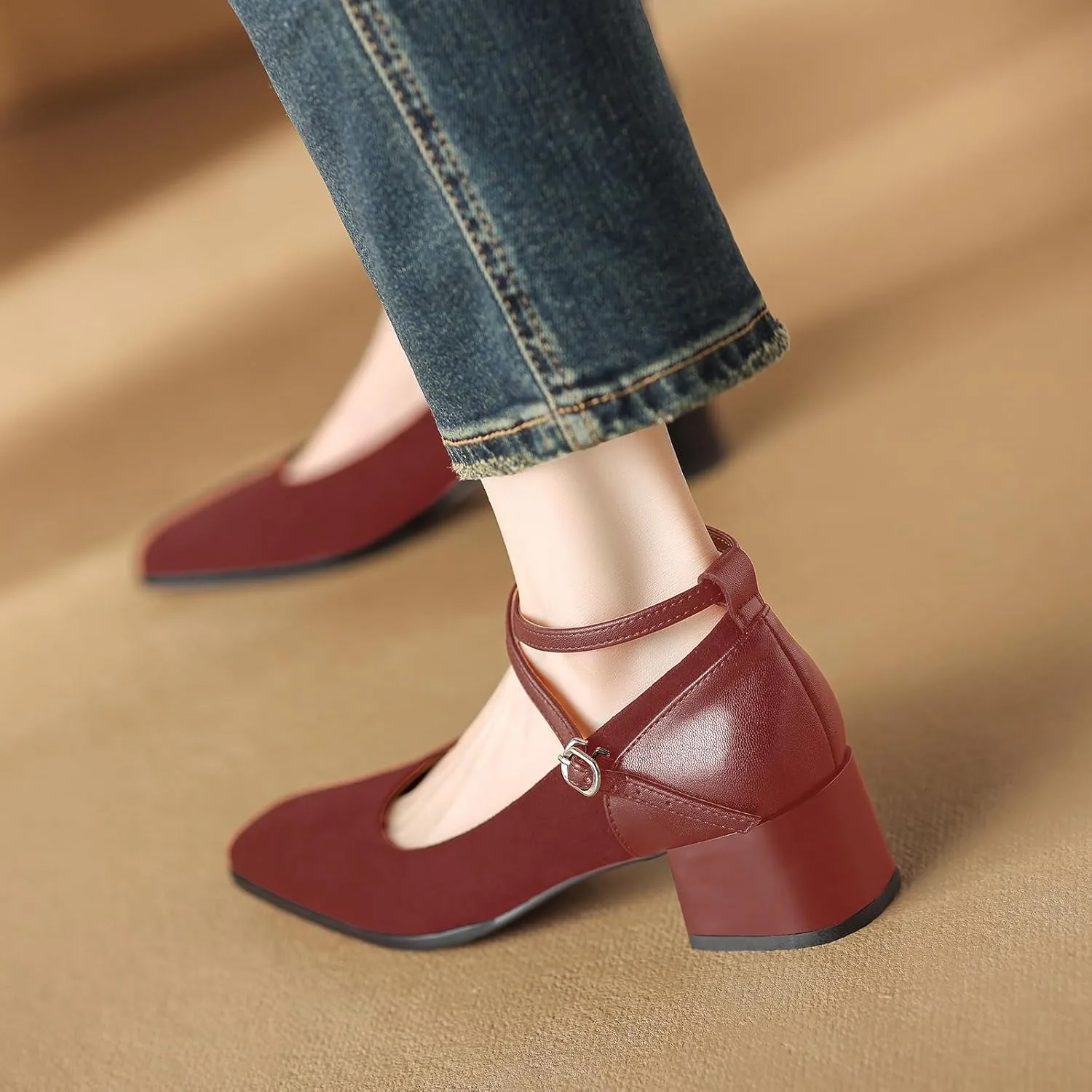 sarawill Women's Chunky Heel Pumps Closed Square Toe Cross Ankle Strap Low Block Heels Fashion Patchwork Buckle Party Wedding Prom Dress Mid Heel Shoes for Ladies