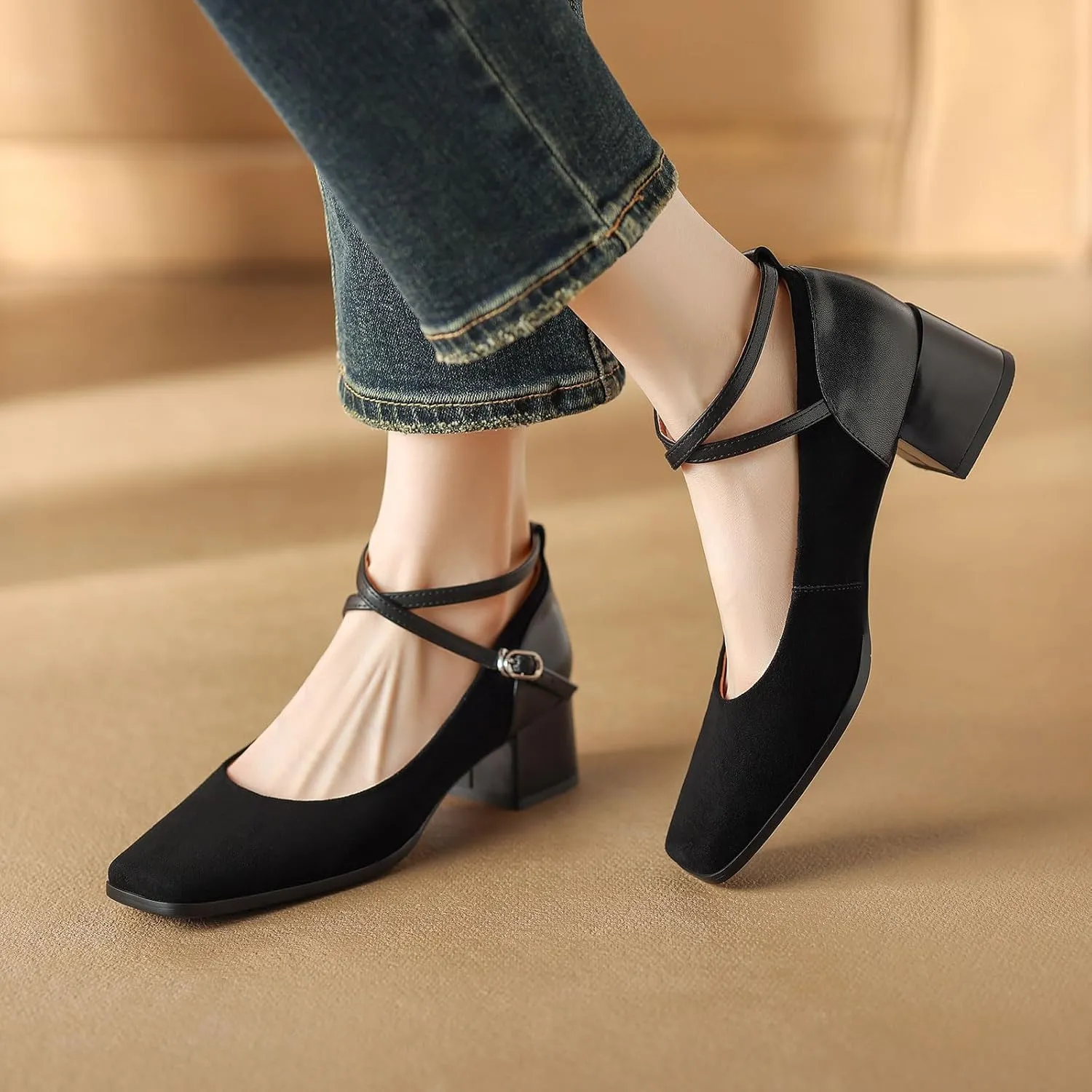 sarawill Women's Chunky Heel Pumps Closed Square Toe Cross Ankle Strap Low Block Heels Fashion Patchwork Buckle Party Wedding Prom Dress Mid Heel Shoes for Ladies