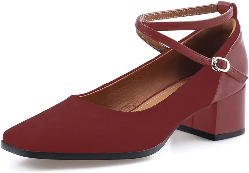 sarawill Women's Chunky Heel Pumps Closed Square Toe Cross Ankle Strap Low Block Heels Fashion Patchwork Buckle Party Wedding Prom Dress Mid Heel Shoes for Ladies