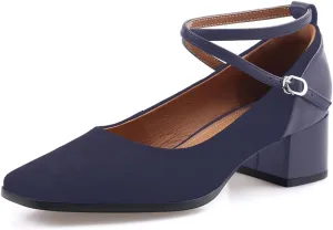 sarawill Women's Chunky Heel Pumps Closed Square Toe Cross Ankle Strap Low Block Heels Fashion Patchwork Buckle Party Wedding Prom Dress Mid Heel Shoes for Ladies