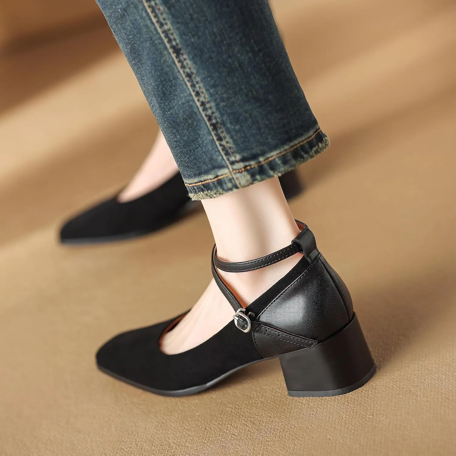 sarawill Women's Chunky Heel Pumps Closed Square Toe Cross Ankle Strap Low Block Heels Fashion Patchwork Buckle Party Wedding Prom Dress Mid Heel Shoes for Ladies