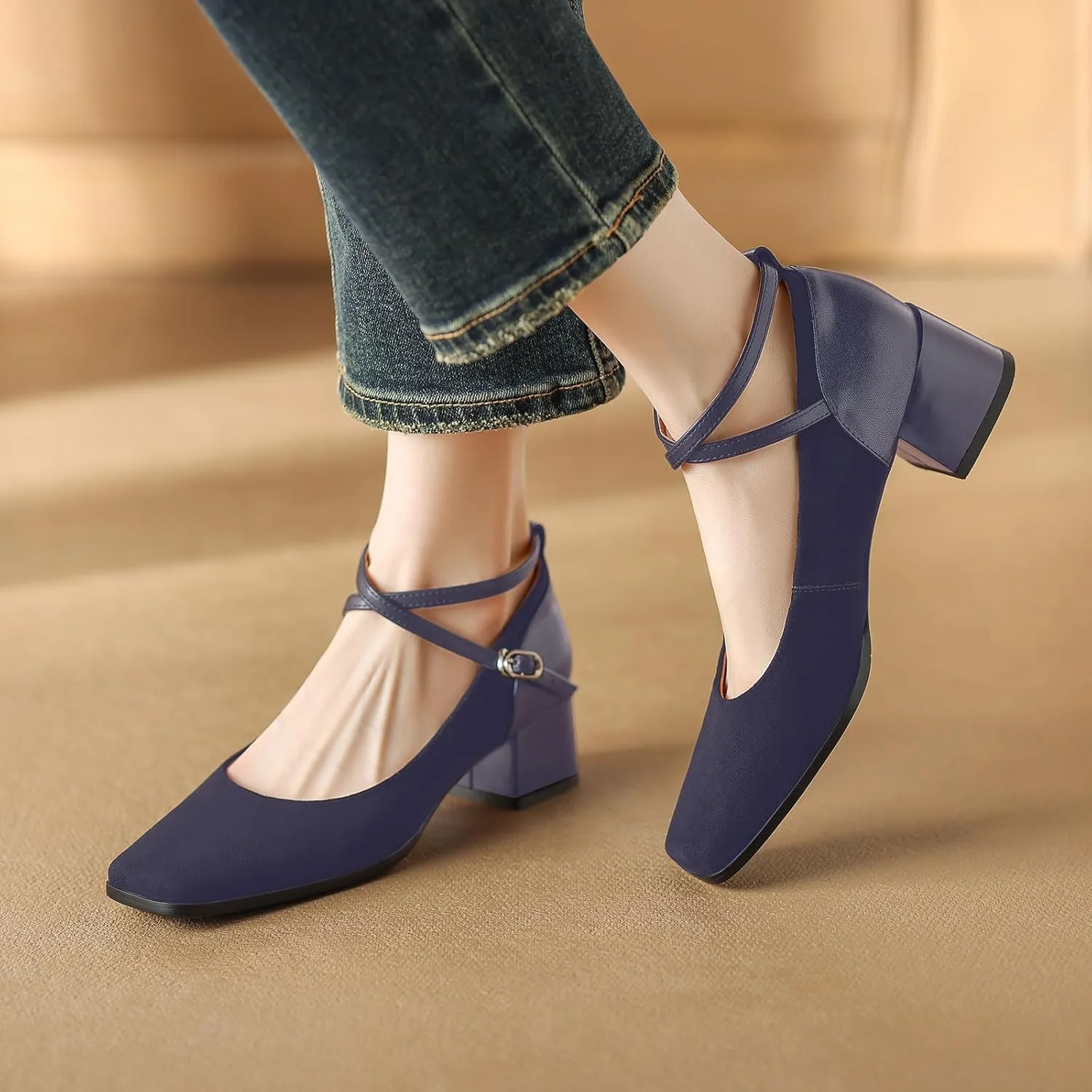 sarawill Women's Chunky Heel Pumps Closed Square Toe Cross Ankle Strap Low Block Heels Fashion Patchwork Buckle Party Wedding Prom Dress Mid Heel Shoes for Ladies