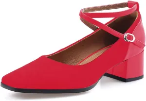 sarawill Women's Chunky Heel Pumps Closed Square Toe Cross Ankle Strap Low Block Heels Fashion Patchwork Buckle Party Wedding Prom Dress Mid Heel Shoes for Ladies