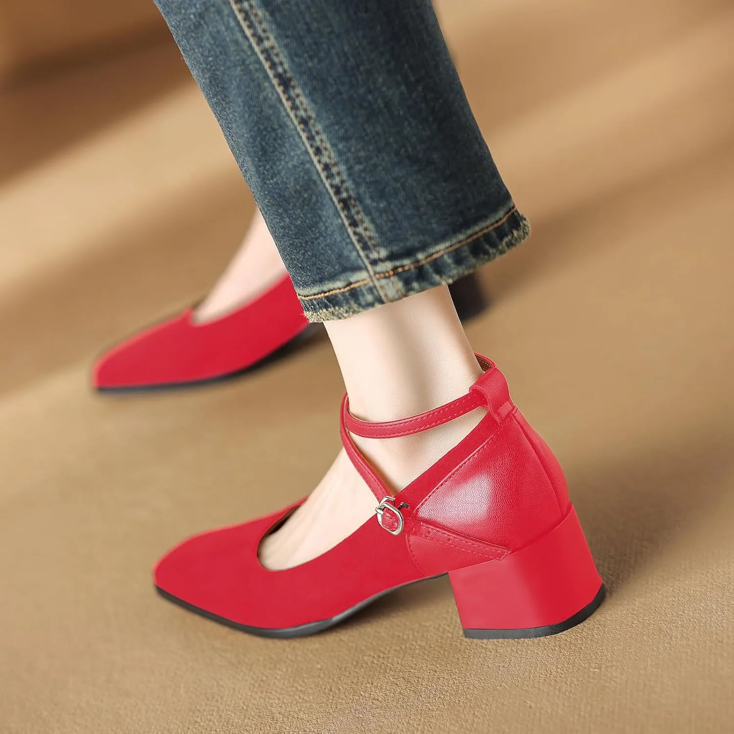 sarawill Women's Chunky Heel Pumps Closed Square Toe Cross Ankle Strap Low Block Heels Fashion Patchwork Buckle Party Wedding Prom Dress Mid Heel Shoes for Ladies