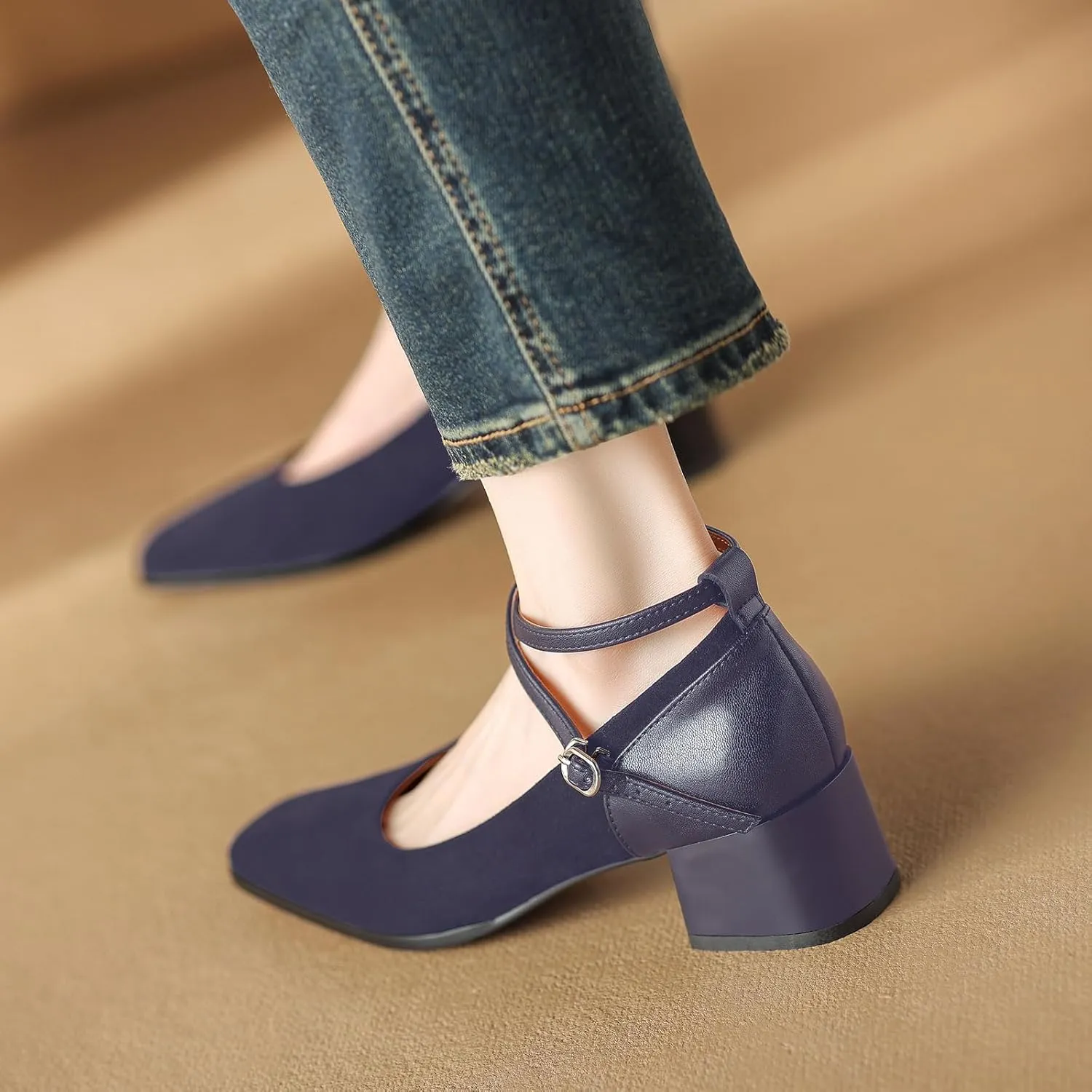 sarawill Women's Chunky Heel Pumps Closed Square Toe Cross Ankle Strap Low Block Heels Fashion Patchwork Buckle Party Wedding Prom Dress Mid Heel Shoes for Ladies