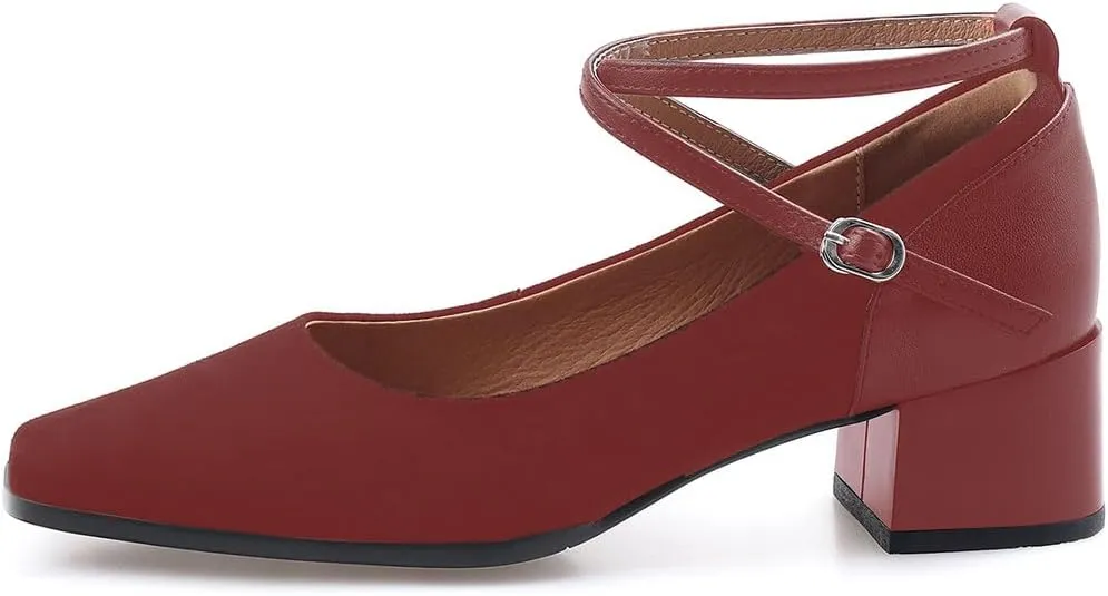 sarawill Women's Chunky Heel Pumps Closed Square Toe Cross Ankle Strap Low Block Heels Fashion Patchwork Buckle Party Wedding Prom Dress Mid Heel Shoes for Ladies