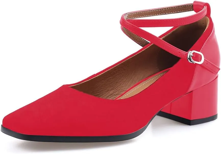 sarawill Women's Chunky Heel Pumps Closed Square Toe Cross Ankle Strap Low Block Heels Fashion Patchwork Buckle Party Wedding Prom Dress Mid Heel Shoes for Ladies