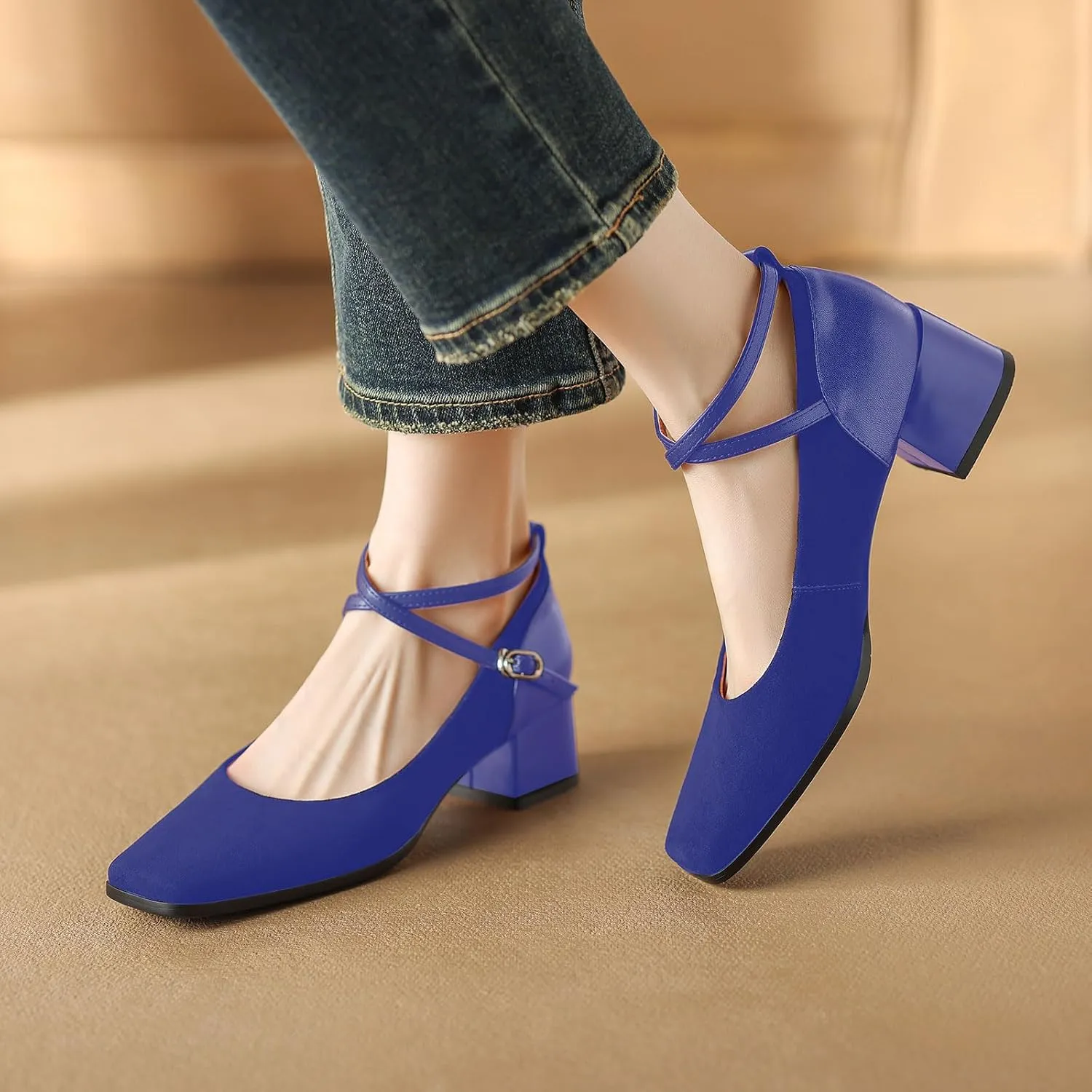 sarawill Women's Chunky Heel Pumps Closed Square Toe Cross Ankle Strap Low Block Heels Fashion Patchwork Buckle Party Wedding Prom Dress Mid Heel Shoes for Ladies