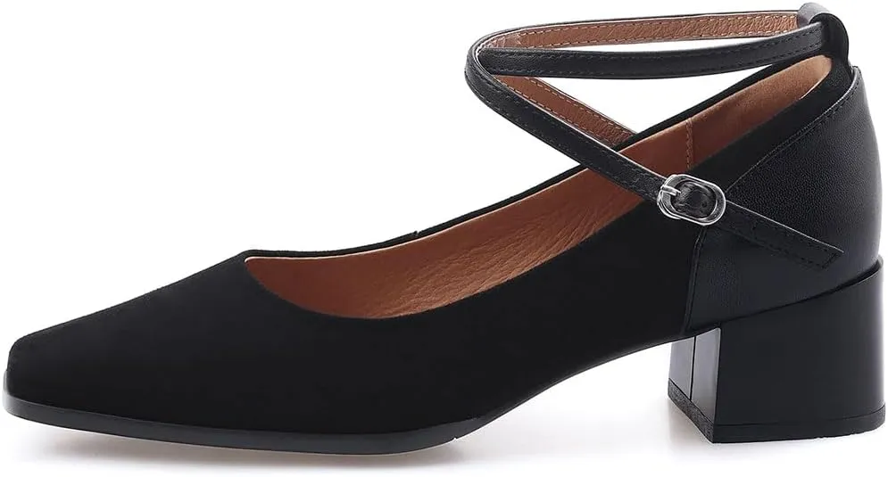 sarawill Women's Chunky Heel Pumps Closed Square Toe Cross Ankle Strap Low Block Heels Fashion Patchwork Buckle Party Wedding Prom Dress Mid Heel Shoes for Ladies