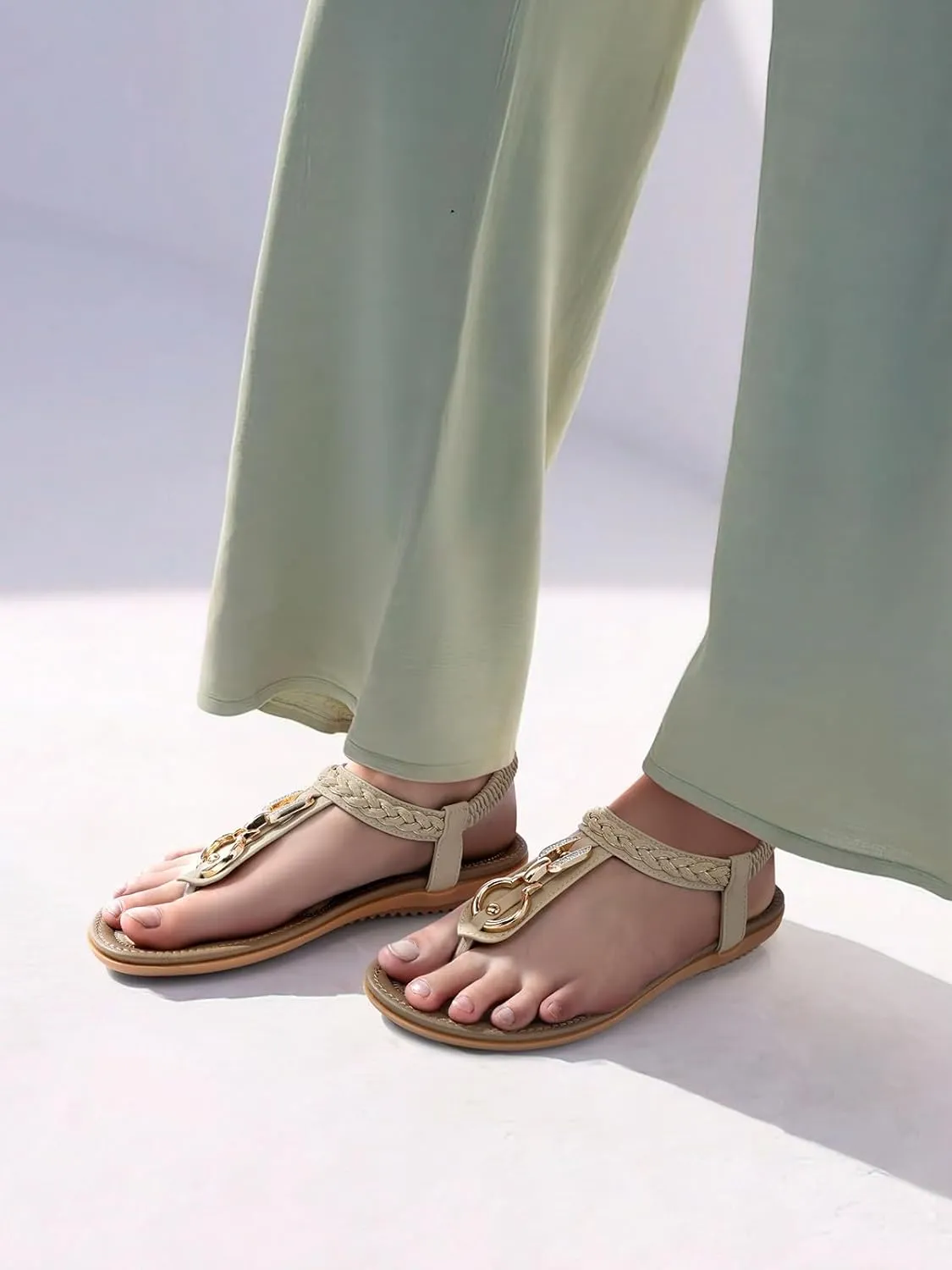 SHIBEVER Womens Sandals Dressy Summer: Women Comfortable Walking Flat Bohemian T-Strap Ladies Casual Comfy Sandals