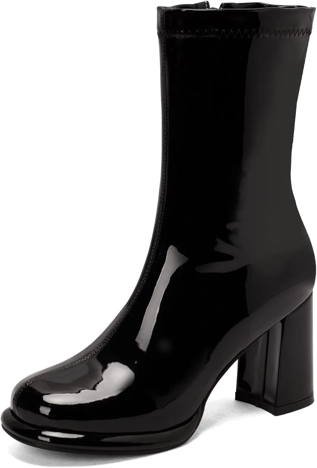 Shinelly Women Go Go Boots Mid Calf Chunky Heel Patent Leather Boots High Heel Ankle Boots Block Heel Short Booties 60s 70s Style Zipper Shoes