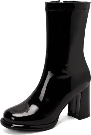 Shinelly Women Go Go Boots Mid Calf Chunky Heel Patent Leather Boots High Heel Ankle Boots Block Heel Short Booties 60s 70s Style Zipper Shoes