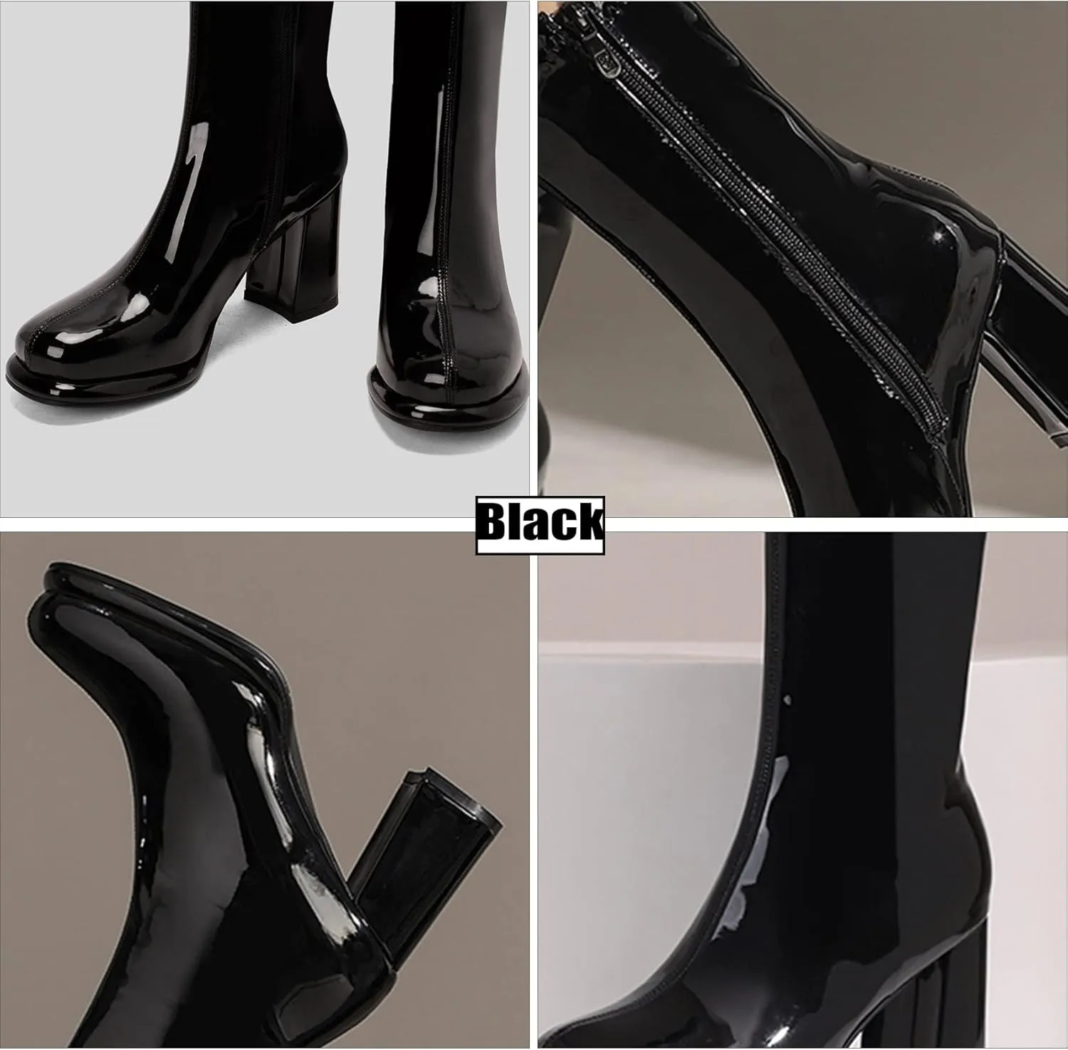 Shinelly Women Go Go Boots Mid Calf Chunky Heel Patent Leather Boots High Heel Ankle Boots Block Heel Short Booties 60s 70s Style Zipper Shoes