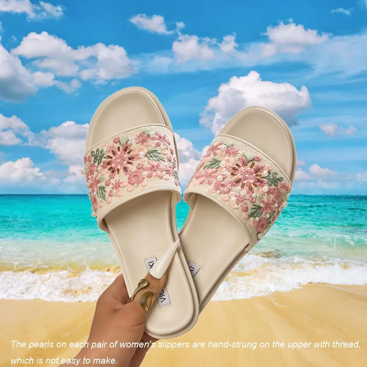 Slides for Women Comfortable Slip On Flat Sandals for Women Casual House Slippers Outdoor Fashion Embroidered Summer Beach Sandals